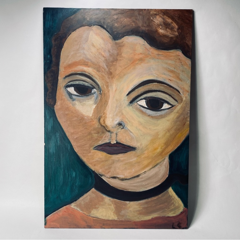 12" X 18" Original Painting Board Portrait of Woman Abstract Modern Signed LC ?